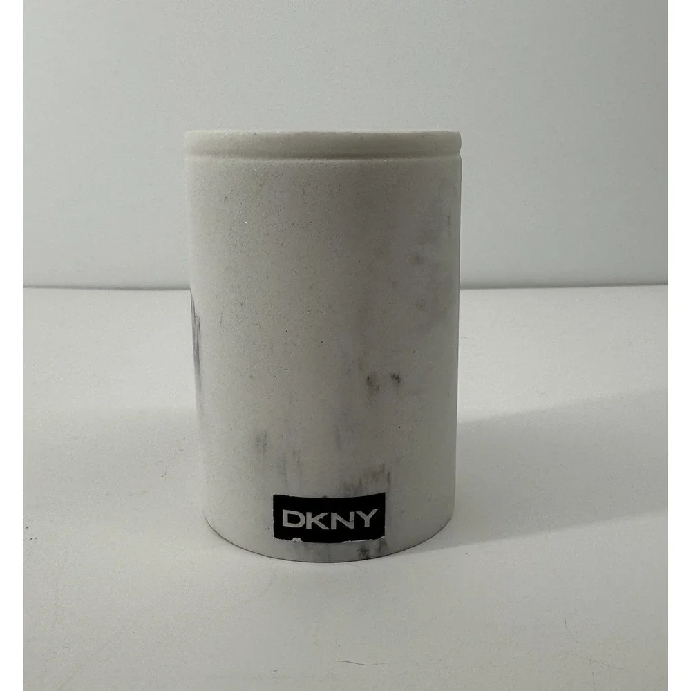 DKNY White Marble Bath Cup Vanity Brush Holder Desk Pencil Organizer Decor